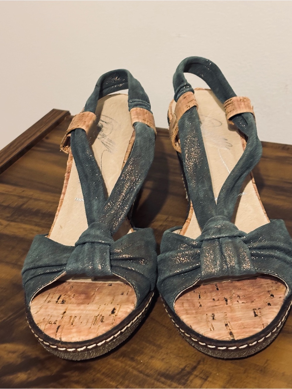 DONALD PLINER Metallic Gold Slate Blue 
Leather Slingback Wedge Sandals Sz 7.5